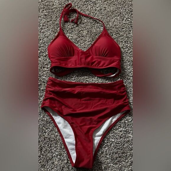 Halter Bikini 2 Piece High Waisted Red Wine Maroon Swimsuit (114) - Picture 1 of 4